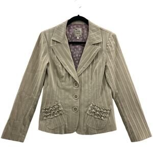 Nanette Lepore Womens Blazer Beige Stripe Long Sleeve Ruffle Pockets Stretch 6